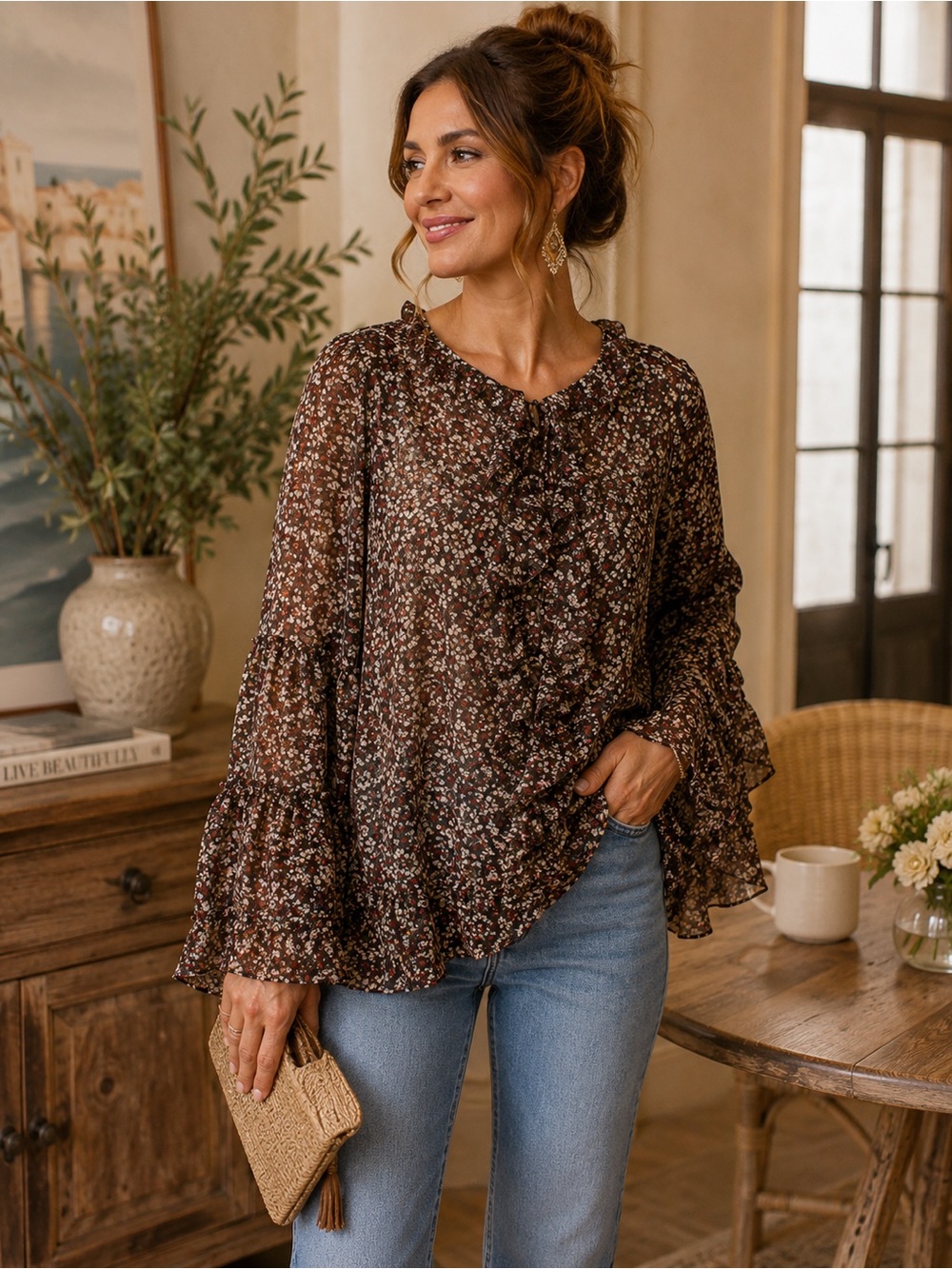 Buddy Love Sheer Floral Ruffle Blouse Medium Brown Cream Bell Sleeve Boho